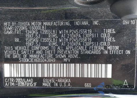 2011 Toyota Highlander Limited V6 z USA, uszkodzony, nr VIN 5TDDK3EH6BS043849